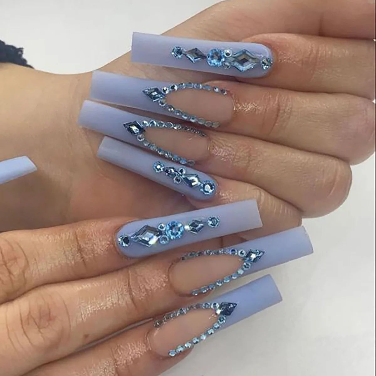 24Pcs Blue Long Coffin False Nails Star Heart With Rhinestones French Design Wearable Fake Nails Glitter Press On Nails Tips Art