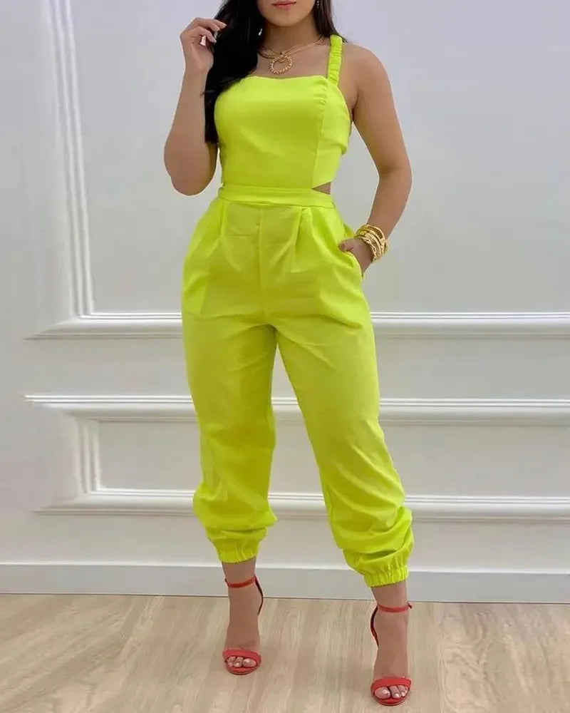 New Summer Fashion Printed Sleeveless Jumpsuit Sexy Hollow Backless Lace Up Long Jumpsuits Elegant Casual Jumpsuit With Pocket