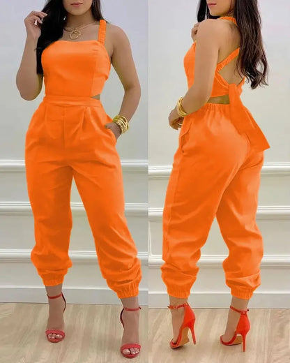 New Summer Fashion Printed Sleeveless Jumpsuit Sexy Hollow Backless Lace Up Long Jumpsuits Elegant Casual Jumpsuit With Pocket