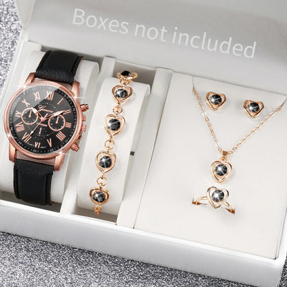 5/6PCS Fashion Women's Quartz Watch Leather Band Analog Wrist Watches Heart Rhinestone Jewelry Set(Without Box)