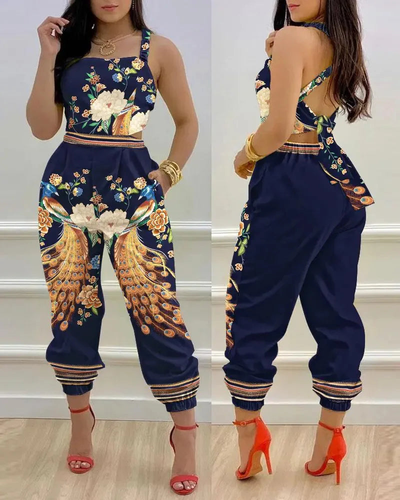 New Summer Fashion Printed Sleeveless Jumpsuit Sexy Hollow Backless Lace Up Long Jumpsuits Elegant Casual Jumpsuit With Pocket