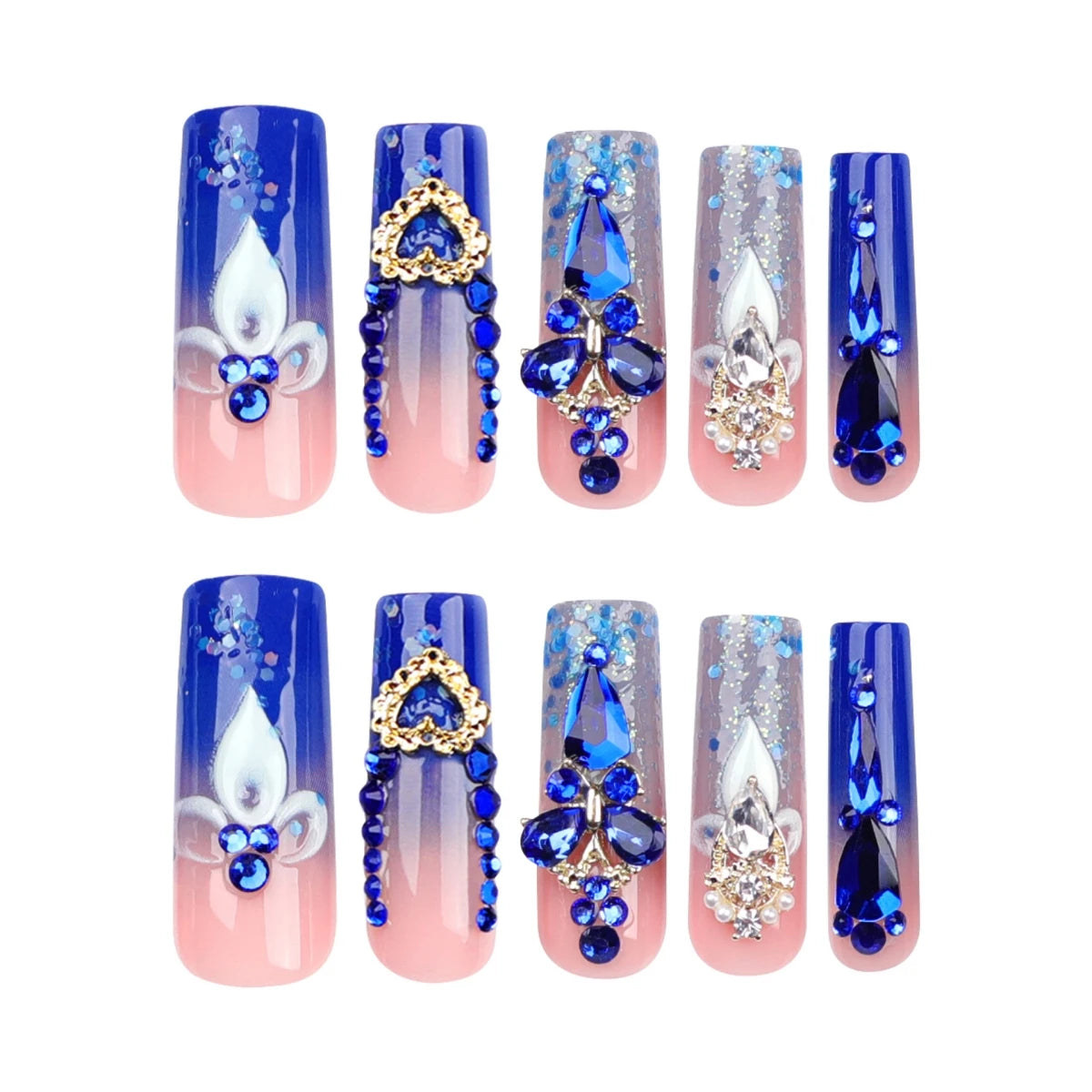 24Pcs Blue Long Coffin False Nails Star Heart With Rhinestones French Design Wearable Fake Nails Glitter Press On Nails Tips Art