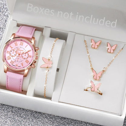 5/6PCS Fashion Women's Quartz Watch Leather Band Analog Wrist Watches Heart Rhinestone Jewelry Set(Without Box)