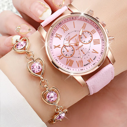 5/6PCS Fashion Women's Quartz Watch Leather Band Analog Wrist Watches Heart Rhinestone Jewelry Set(Without Box)