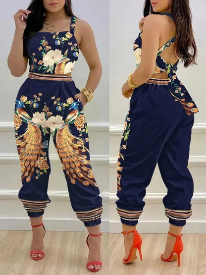 New Summer Fashion Printed Sleeveless Jumpsuit Sexy Hollow Backless Lace Up Long Jumpsuits Elegant Casual Jumpsuit With Pocket