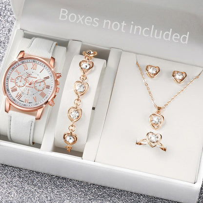 5/6PCS Fashion Women's Quartz Watch Leather Band Analog Wrist Watches Heart Rhinestone Jewelry Set(Without Box)