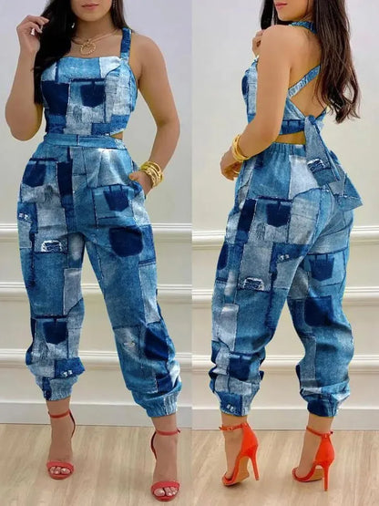 New Summer Fashion Printed Sleeveless Jumpsuit Sexy Hollow Backless Lace Up Long Jumpsuits Elegant Casual Jumpsuit With Pocket