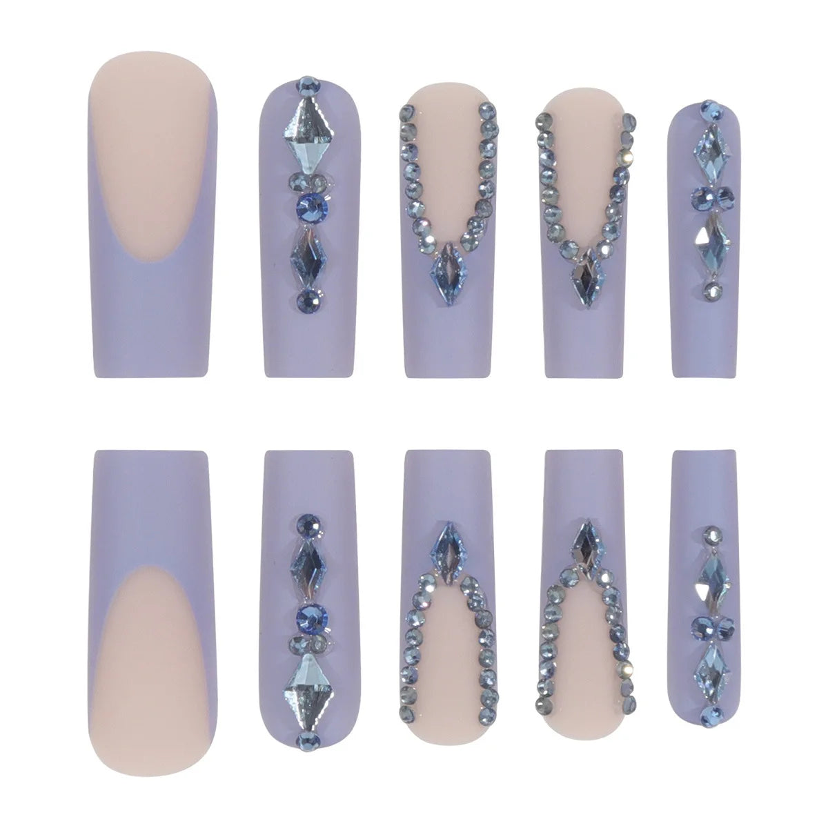 24Pcs Blue Long Coffin False Nails Star Heart With Rhinestones French Design Wearable Fake Nails Glitter Press On Nails Tips Art