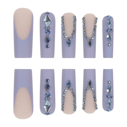 24Pcs Blue Long Coffin False Nails Star Heart With Rhinestones French Design Wearable Fake Nails Glitter Press On Nails Tips Art