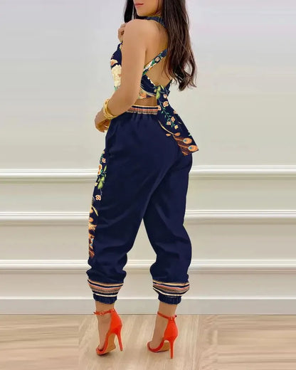 New Summer Fashion Printed Sleeveless Jumpsuit Sexy Hollow Backless Lace Up Long Jumpsuits Elegant Casual Jumpsuit With Pocket