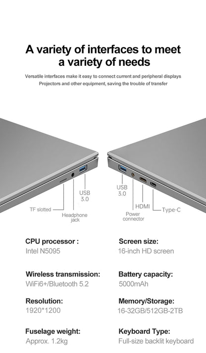 2025 new laptop Intel N5095 Windows 11 Pro 16 inch 2K HD screen 16G RAM 2TB SSD DDR4 WIFI5  Business Office Lightweight Computer