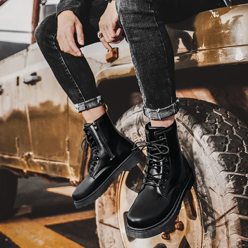 Men Platform Boots Black Non-slip Motorcycle Boots Lace Up Boots 2024 New Men's Boots Fashionable Walking Work Boots