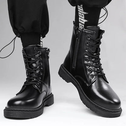 Men Platform Boots Black Non-slip Motorcycle Boots Lace Up Boots 2024 New Men's Boots Fashionable Walking Work Boots