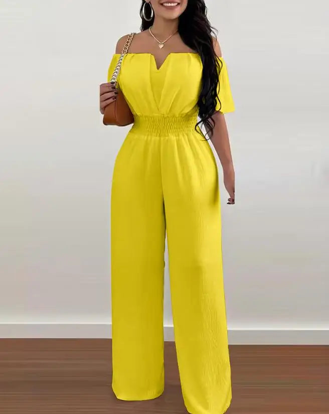 Jumpsuits for Women 2023 Spring Fashion Off Shoulder Casual Plain Short Sleeve Shirred Waist Daily Long Wide Leg Jumpsuit 2024