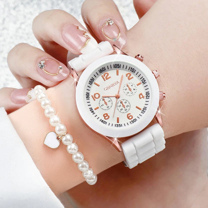 6PCS/Set Women's Watches Casual Silicone Band Analog Quartz Watch Heart Pearls Jewelry Set(No Box)