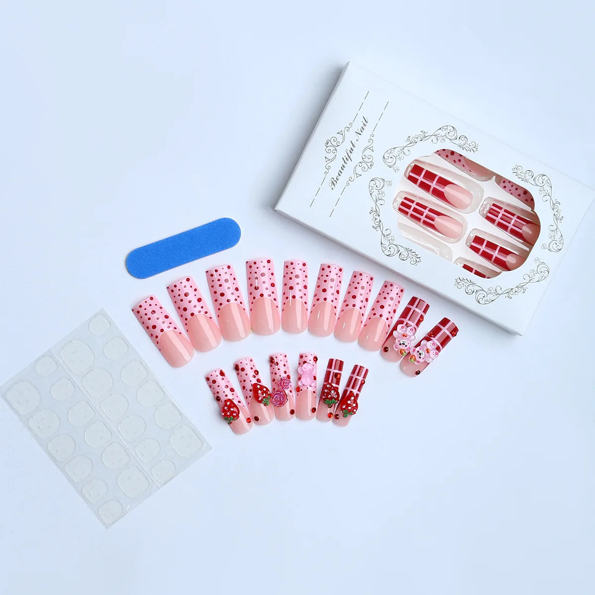 24Pcs Wearable Square Head Ballerina French Pink False Nails With Glue Full Cover Fake Nails Press On Nail Long Acrylic Manicure