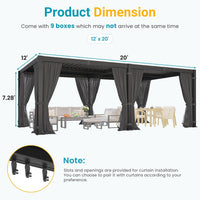 12' X 20' Louvered Pergola, Outdoor Pergola with Curtains & Netting, Metal Patio Pergola with Adjustable Louvers Roof and Gutter System, Metal Hardtop Gazebo for Patio, Deck, Garden, Yard, Dark Gray