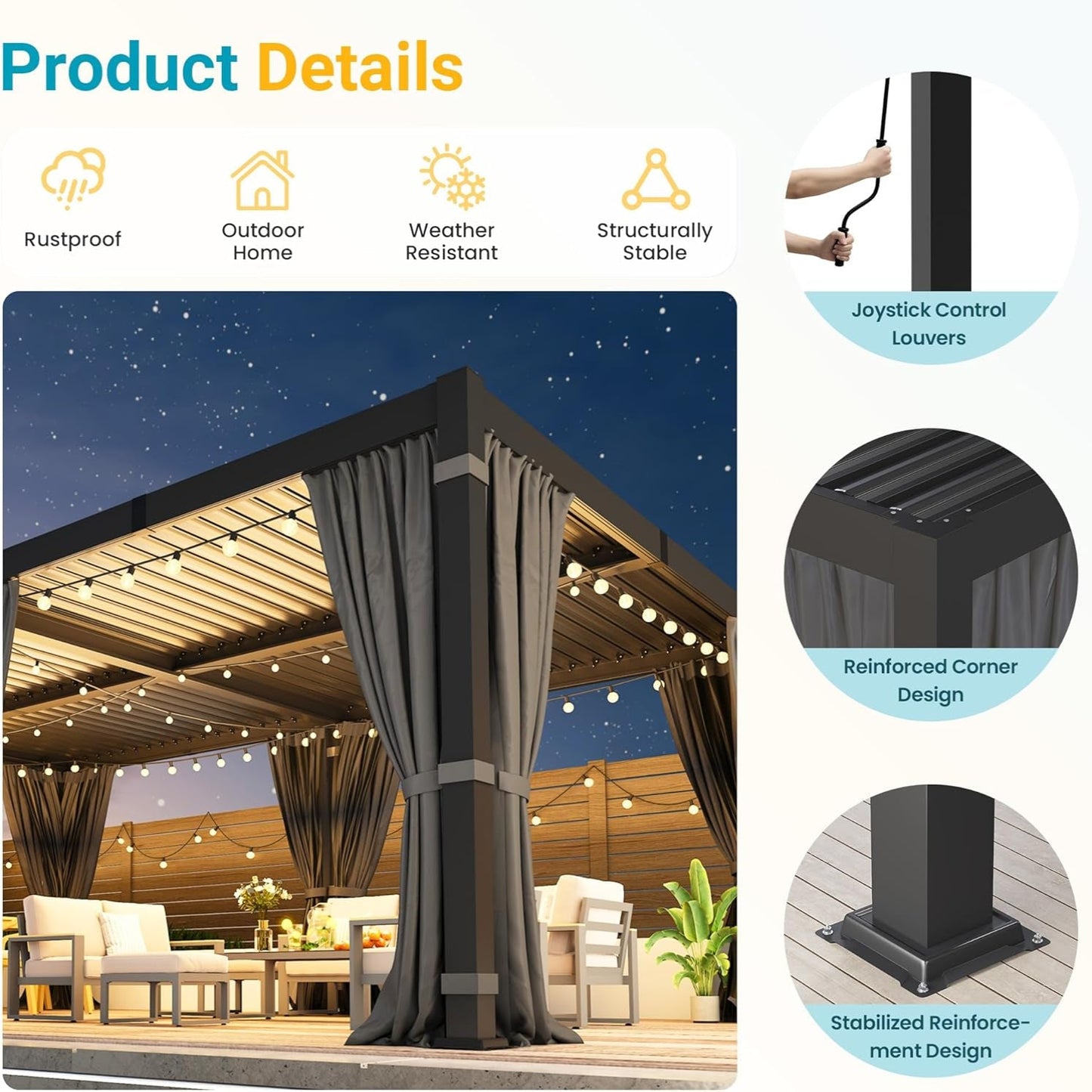 12' X 20' Louvered Pergola, Outdoor Pergola with Curtains & Netting, Metal Patio Pergola with Adjustable Louvers Roof and Gutter System, Metal Hardtop Gazebo for Patio, Deck, Garden, Yard, Dark Gray