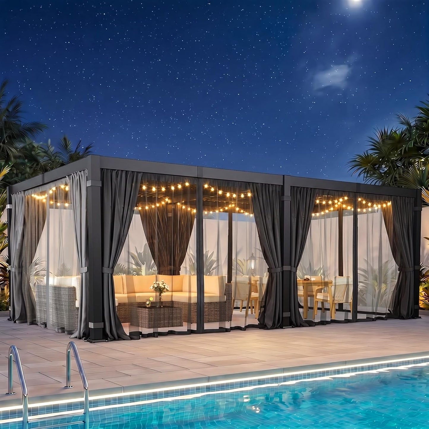 12' X 20' Louvered Pergola, Outdoor Pergola with Curtains & Netting, Metal Patio Pergola with Adjustable Louvers Roof and Gutter System, Metal Hardtop Gazebo for Patio, Deck, Garden, Yard, Dark Gray