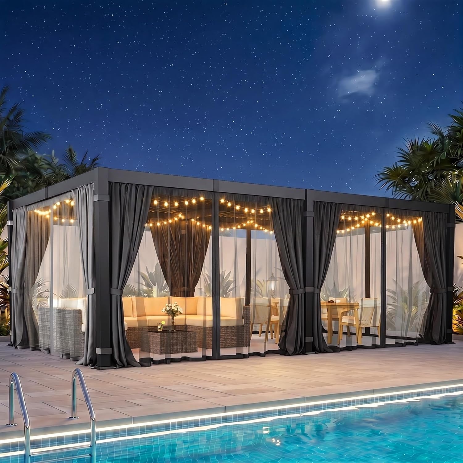 12' X 20' Louvered Pergola, Outdoor Pergola with Curtains & Netting, Metal Patio Pergola with Adjustable Louvers Roof and Gutter System, Metal Hardtop Gazebo for Patio, Deck, Garden, Yard, Dark Gray