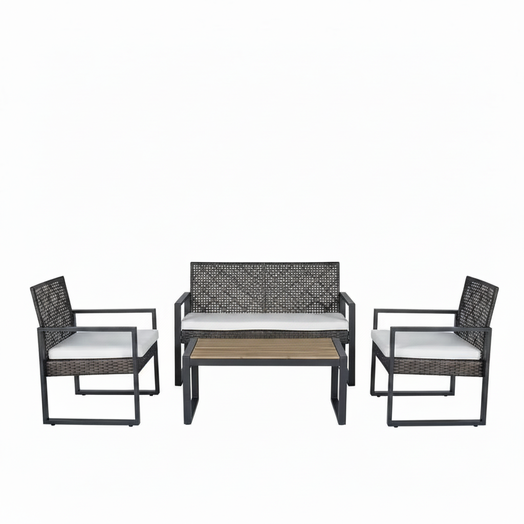 Outdoor Patio Furniture Set Built to Last, 4-Piece Wicker with Acacia Wood Top, Iron Frame, Grey Cushions