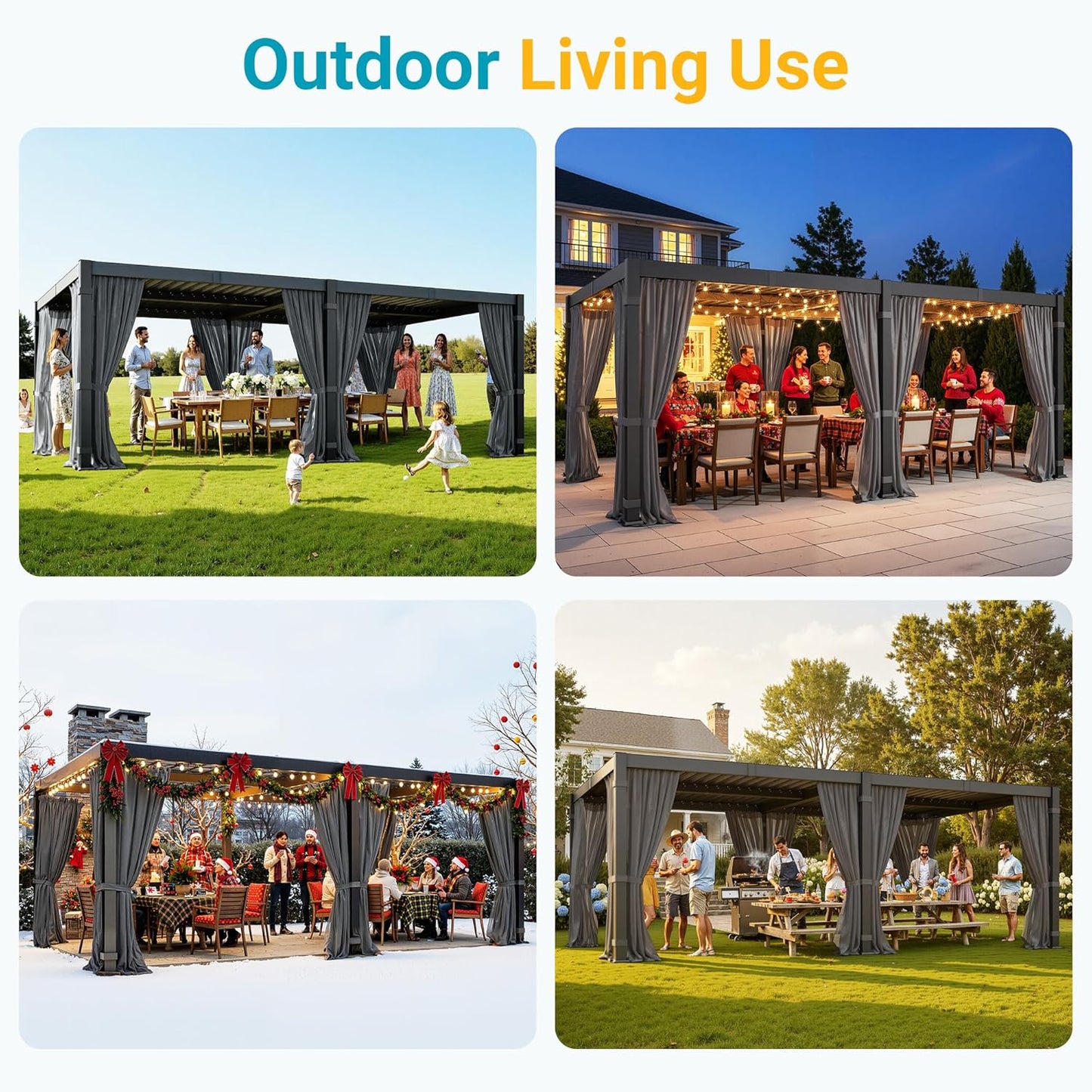 12' X 20' Louvered Pergola, Outdoor Pergola with Curtains & Netting, Metal Patio Pergola with Adjustable Louvers Roof and Gutter System, Metal Hardtop Gazebo for Patio, Deck, Garden, Yard, Dark Gray