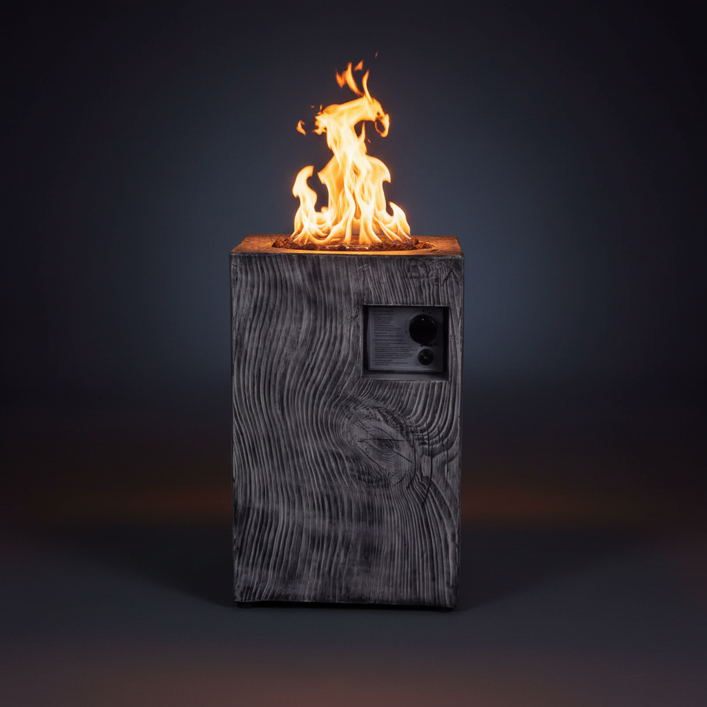 Propane Fire Pit Designed for Outdoor Living, 30000 BTU Column Design, Wood-Look Surface, Electronic Ignition