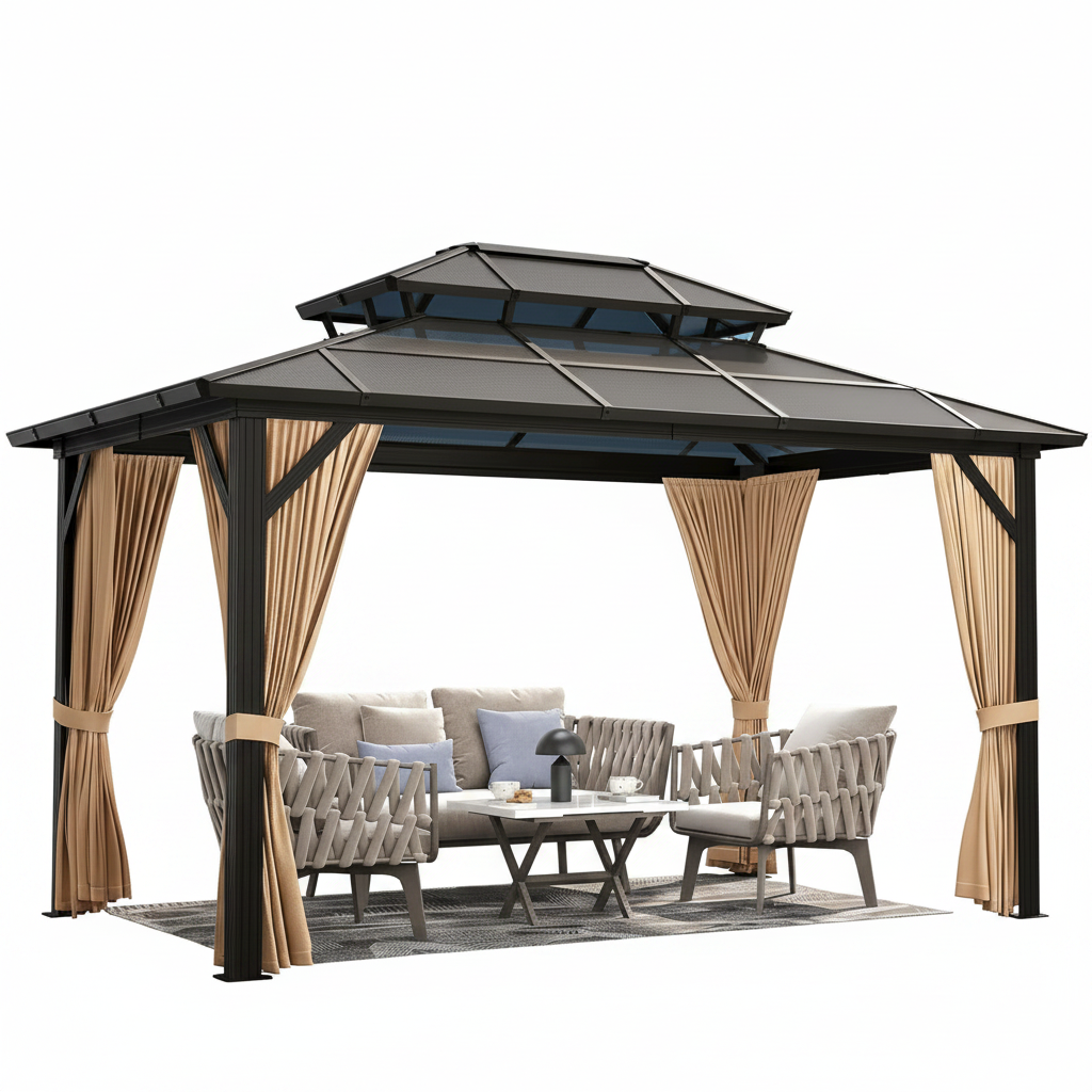 Hardtop Gazebo Built for Year-Round Use, 12x10 Aluminum Frame, Polycarbonate Double Roof, Mosquito Netting