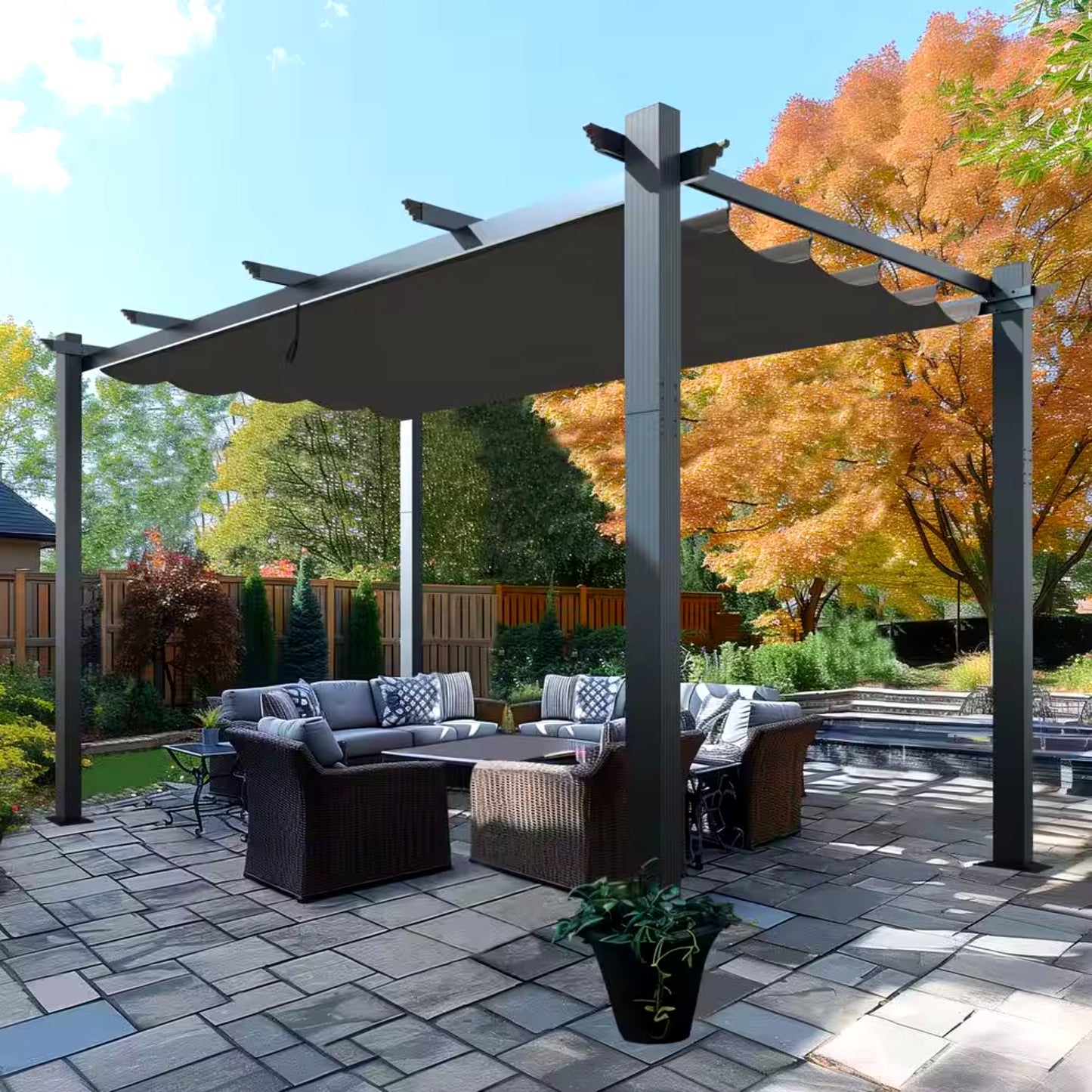 Aluminum Pergola Built for Year-Round Outdoor Living, 16x12 Ft Coverage, Dark Gray Retractable Canopy, 192 Sq Ft